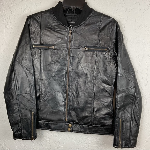M Collection Jackets & Blazers - M. Collection Women’s Black Leather Patchwork Zip Up Bomber Jacket Sz Med